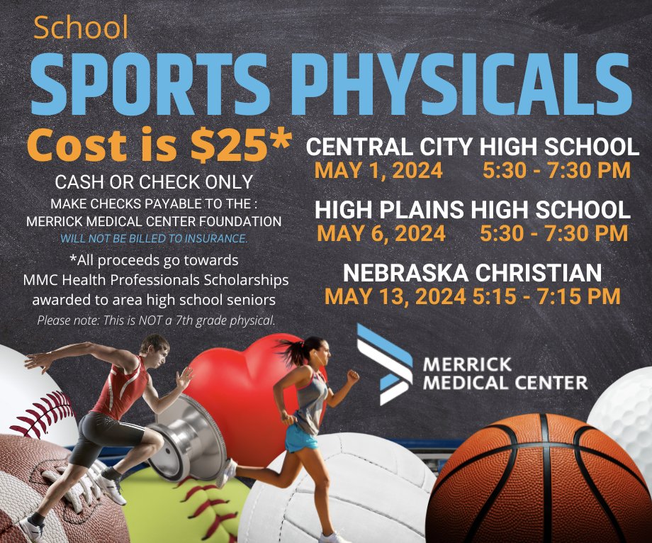 The Merrick Medical Center will perform physicals on May 6 from 5:30 - 7:30 in the #HPCStorm West (JH) Building in Polk.
All proceeds go towards MMC Health Professionals Scholarships awarded to area high school seniors.