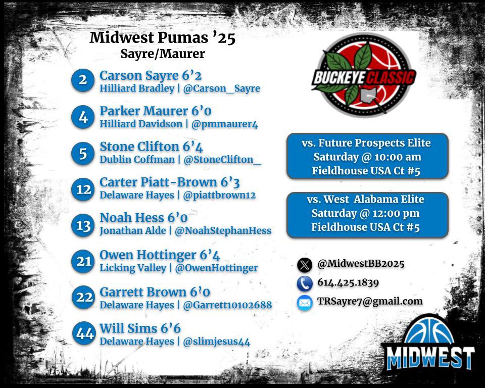 Midwest Basketball Club ‘25 - Sayre/Maurer (@midwestbb2025) on Twitter photo 👀 Schedule & roster for this weekend’s <a href="/BleacherRepub/">Bleacher Republic</a> Buckeye Classic in Columbus, OH 📍<a href="/MidwestDirector/">MWBC Gilliland</a> <a href="/BleacherProspec/">Bleacher Prospect</a> 👀 Schedule & roster for this weekend’s <a href="/BleacherRepub/">Bleacher Republic</a> Buckeye Classic in Columbus, OH 📍<a href="/MidwestDirector/">MWBC Gilliland</a> <a href="/BleacherProspec/">Bleacher Prospect</a>