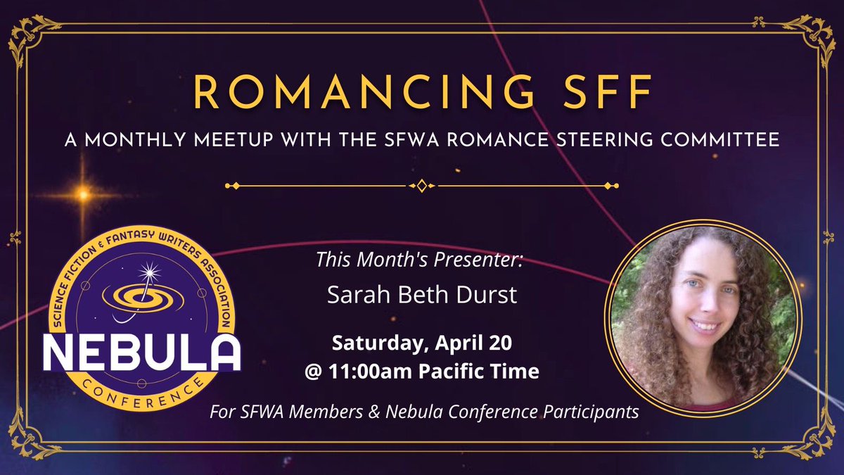 Join us for our virtual Romancing SFF Meetup 4/20, 11am PT!

@sarahbethdurst will explore the rise of cozy fantasy & how to write a joyful story, followed by an opportunity for you to connect w/ your fellow authors. #writingcommunity #romancewriters

buff.ly/3xNqvCg