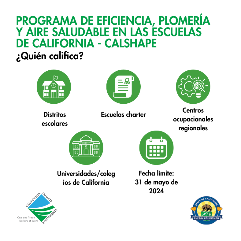 🔔¡Anuncio de subvenciones para escuelas en CA!🏫 A través de los fondos de #CapAndTrade, la CALSHAPE de la Comisión de Energía de California está financiando mejoras en plomería y HVAC en instituciones educativas que califiquen. Fecha límite: 31/05 👉️bit.ly/CALSHAPEcci