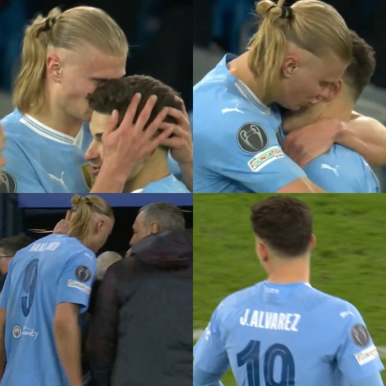 Pep Guardiola sacó a Erling Haaland en el momento más importante de la temporada. En cuanto se enteró de la decisión de su entrenador, el delantero noruego se fue directo a abrazar a Julián Álvarez, quien ingresó para reemplazarlo. El goleador de la Premier League quería seguir,