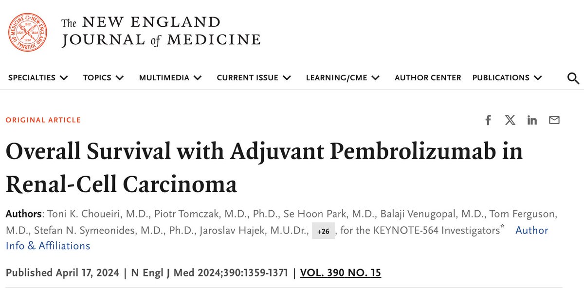 🚨📢Just published! The first trial that showed an overall survival benefit in patients with renal cell carcinoma in the adjuvant setting (KEYNOTE-564) out in @NEJM 🚨 ⭐️💫 @DrChoueiri @DanaFarber @tompowles1 @OncoAlert @DanaFarber_GU nejm.org/doi/full/10.10…
