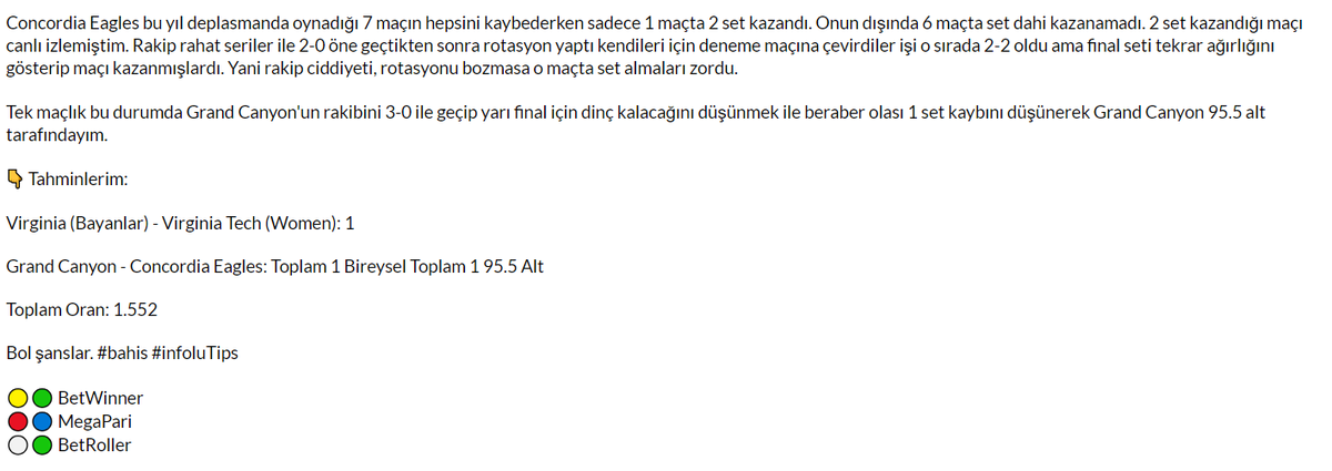 🇺🇸 Amerika Semalarında uçmaya devam ediyoruz.

⚾️ Virginia (Bayanlar) - Virginia Tech (Women)
🏐 Grand Canyon - Concordia Eagles

Yukarıdaki iki maçtan bir kombine oluşturdum. Maçlar ile ilgili tercihimi ve tercihime dair açıklamaları ekte bulabilirsiniz. Bol şanslar.  #bahis…