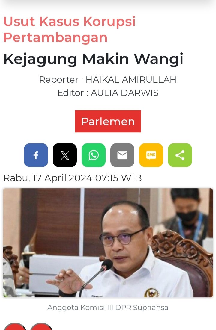 ANGGOTA Komisi III DPR Supriansa mengapresiasi Jaksa Agung Sanitiar Burhanuddin & jajarannya dlm pemberantasn korupsi & upaya penyelamatan keuangan negara Wanginya ­kinerja Kejagung ini tdk lepas dr komitmen Jaksa Agung yg ingin menghadirkn hukum berkeadilan di tengah masyarakat