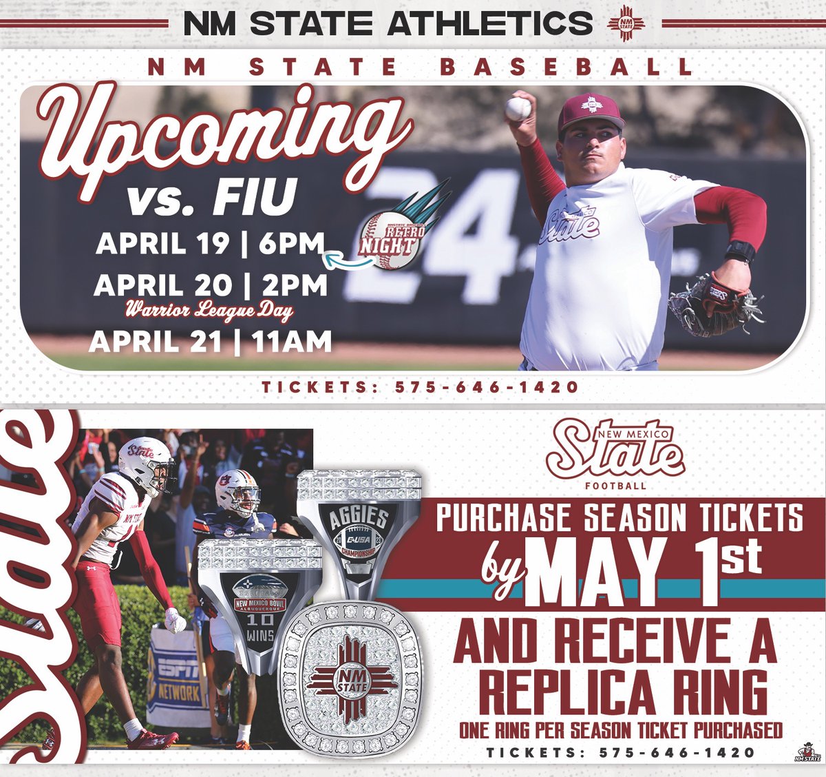 𝙷𝚊𝚕𝚏𝚠𝚊𝚢 𝚝𝚘 𝚝𝚑𝚎 𝚠𝚎𝚎𝚔𝚎𝚗𝚍 🔜 Big home series for @NMStateBaseball as they host @ConferenceUSA opponent FIU ⚾️ And don't forget to secure your @NMStateFootball season tickets early 🏈 #AggieUp | #NoLimitsOnUs