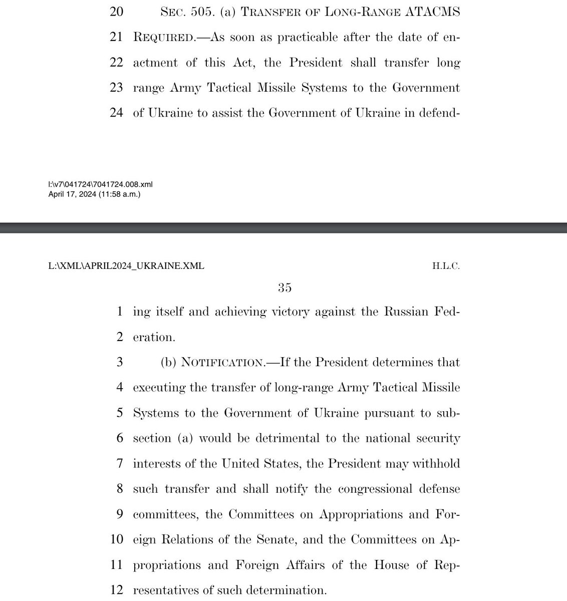 'TRANSFER OF LONG-RANGE ATACMS REQUIRED' Im Gesetzentwurf für #Ukraine-Nothilfen werden Lieferungen von Langstrecken-Raketen (ATACMS) gefordert. Aber mit Einschränkung: 'the President may withhold such transfer', wenn eine Lieferung US-Sicherheitsinteressen entgegensteht.