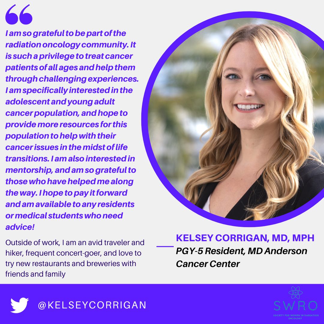 On this #WeWhoCurie Wednesday we feature the outstanding @kelseycorrigan, a #RadOnc PGY-5 @MDAndersonNews, and vice-chair of @ARRO_org. Today she shares with us her interest in the adolescent/young adult #Cancer population and her passion for mentorship! 🥇👏🤩