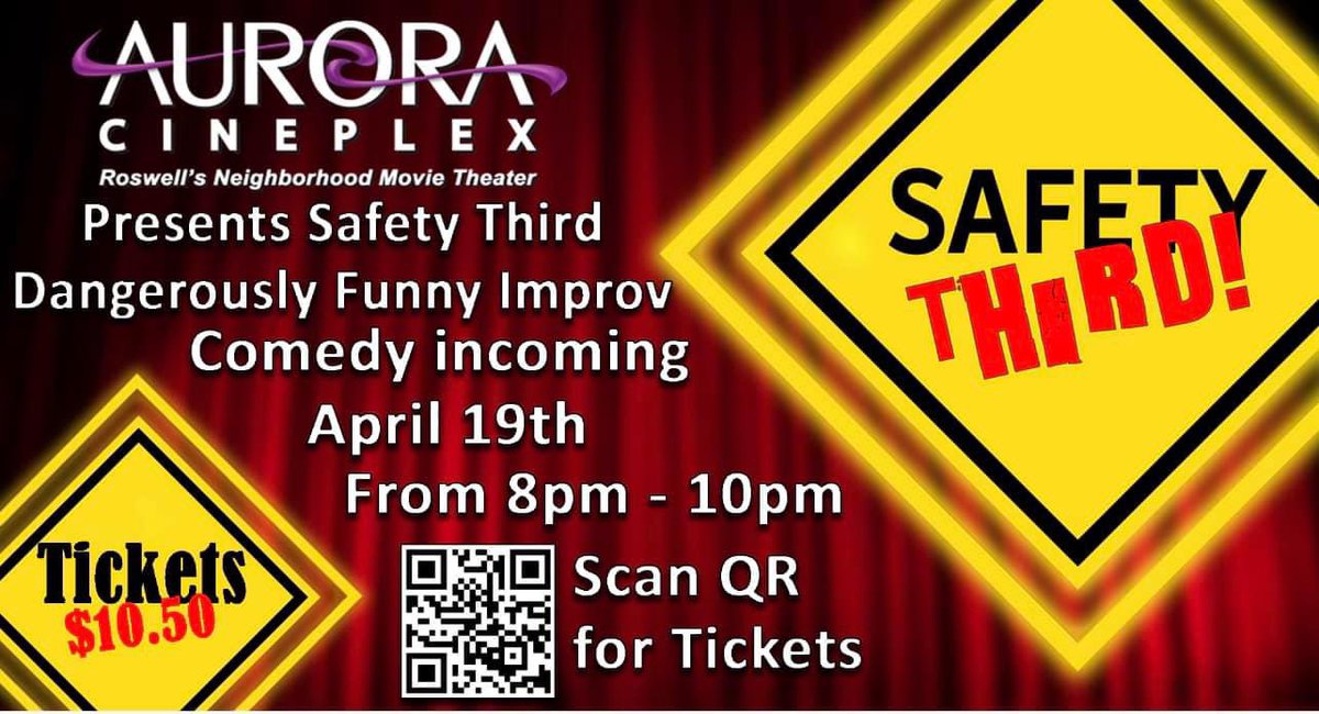 LIVE COMEDY IMPROV at 
#AuroraCineplex by #SafetyThirdImprov 
Fri April 19th from 8:00pm--10pm
**18 and older

$ 10.50 --Tix-
tinyurl.com/33mhfyr8

Learn More at--safetythirdimprov.com

Follow us at: linktr.ee/auroracineplex

#Comedy #Improv  #ImprovComedy #LiveComedyShow