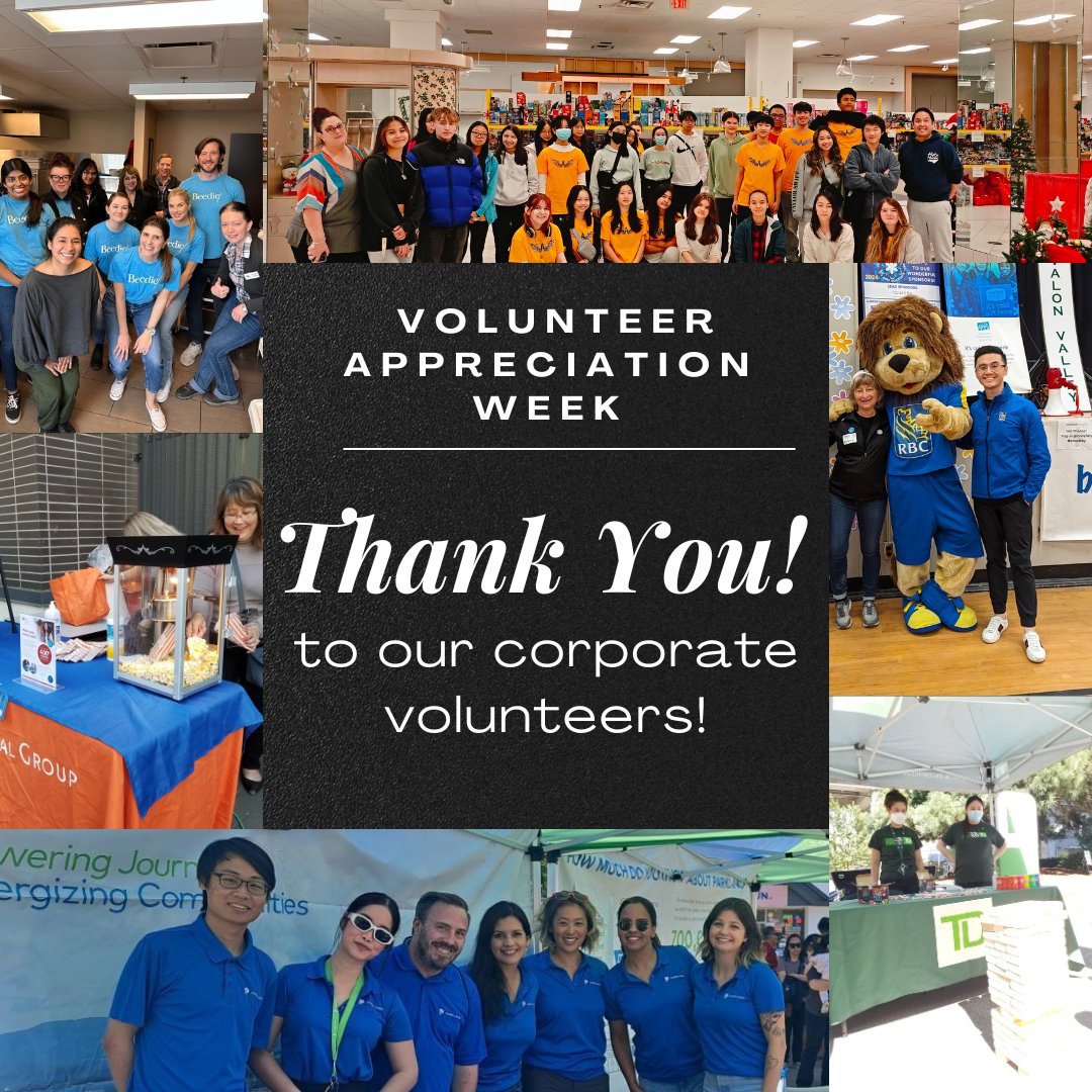 🥳Volunteer Appreciation Week!  A big thank you to all our corporate partners who give back to our community by volunteering at our programs and events throughout the year🙌!

@BeedieBuilt @ParklandCorporation @Vancity @BCRCMPnews @GulfandFraser @RBC @TDCanada @DeerLakeLawGroup