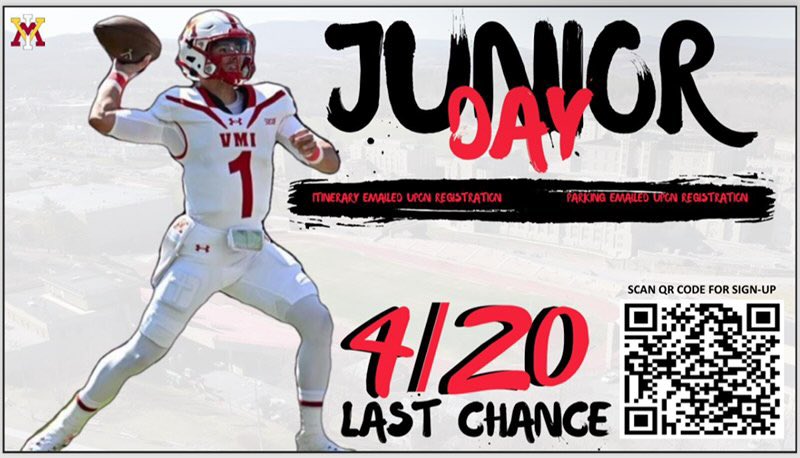 We have our LAST junior day this Saturday! Get out here and let us show you what being a #VMIFootball player is all about! Sign up using the QR code!