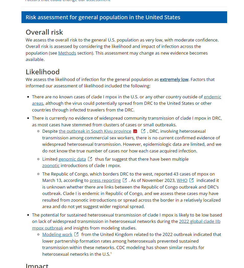 Now from @CDCgov forecasters, on risk assessment of clade I mpox in DRC to U.S. 'very low' to public, 'low to moderate' for MSM 'no evidence' of wide community transmission in DRC genomics suggest 'multiple zoonotic introductions' cdc.gov/forecast-outbr…
