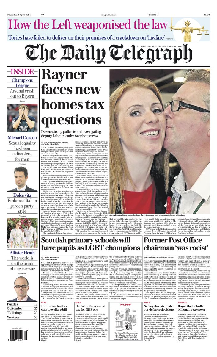 The front page of tomorrow's Daily Telegraph: 'Rayner faces new homes tax questions' #TomorrowsPapersToday Sign up for the Front Page newsletter telegraph.co.uk/frontpage-news…