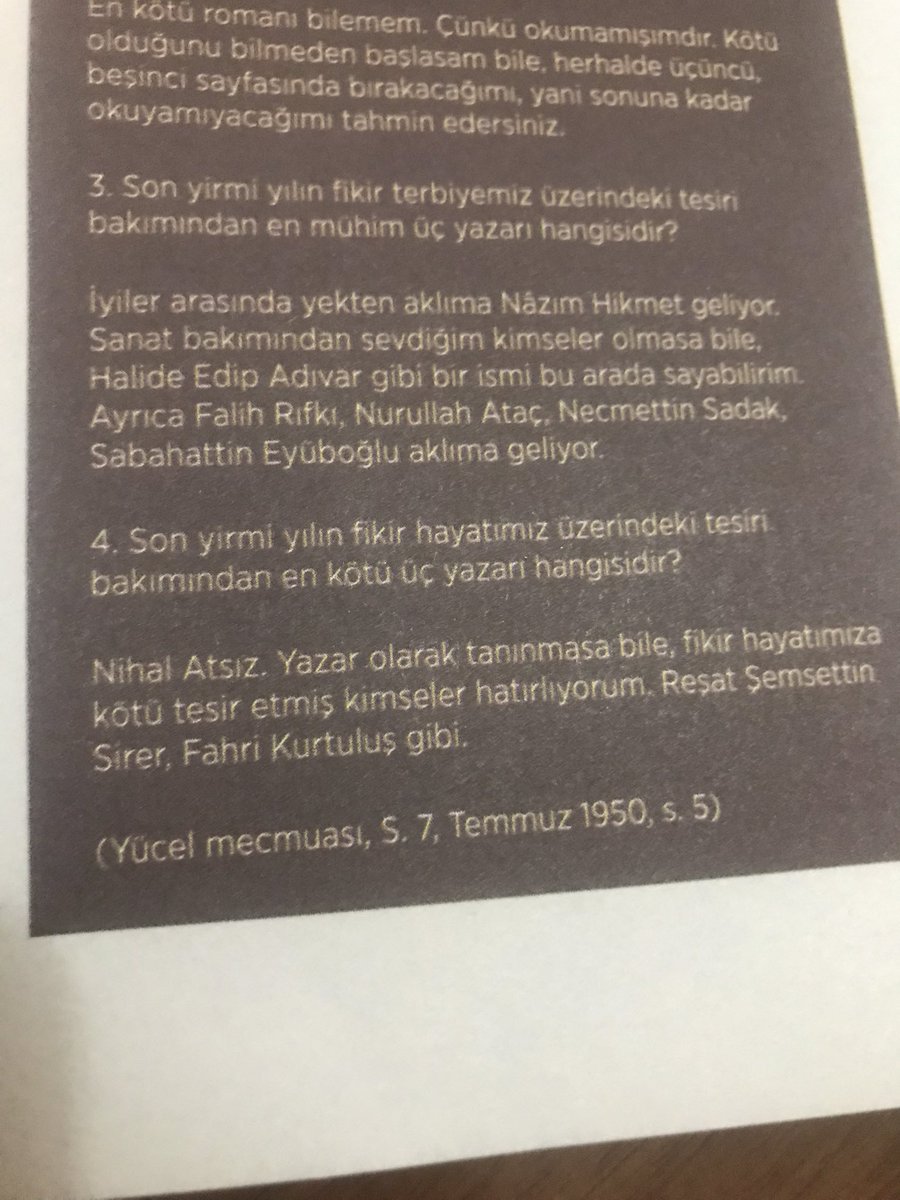 Seray Şahinler @Seray_Sahinler Orhan Veli hakkında en yanlış bilinen hikayeyi de düzeltiyor; çukura düşünce hemen ölmedi şair… Necati Tonga’nın @NecatiTonga bulduğu anketse aynı yıla ait bir Atsız değerlendirmesi içeriyor.