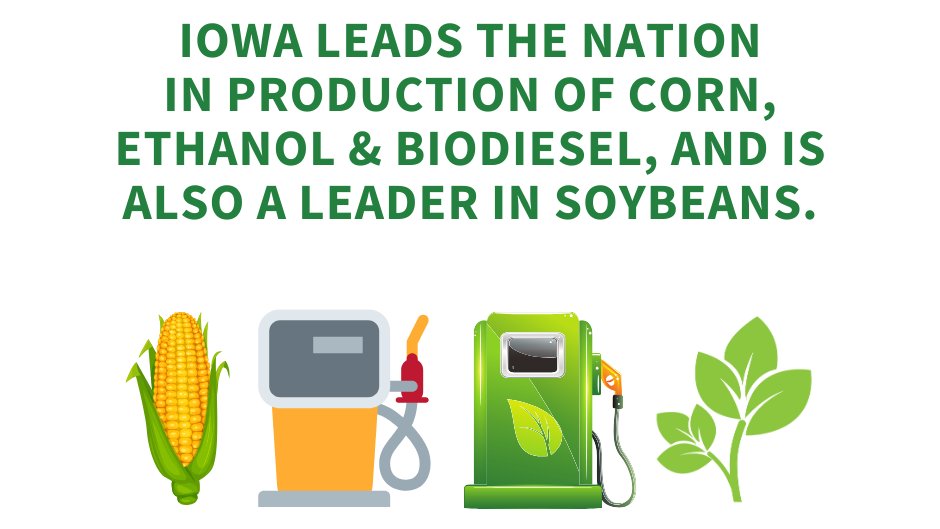 You may know that Iowa leads the nation in production of corn & is a leader in soybeans. But, did you know we also lead the nation in the production of ethanol & biodiesel? It's true! These renewable fuels, which fuel the world, are grown & produced right here in Iowa! #IowaAg