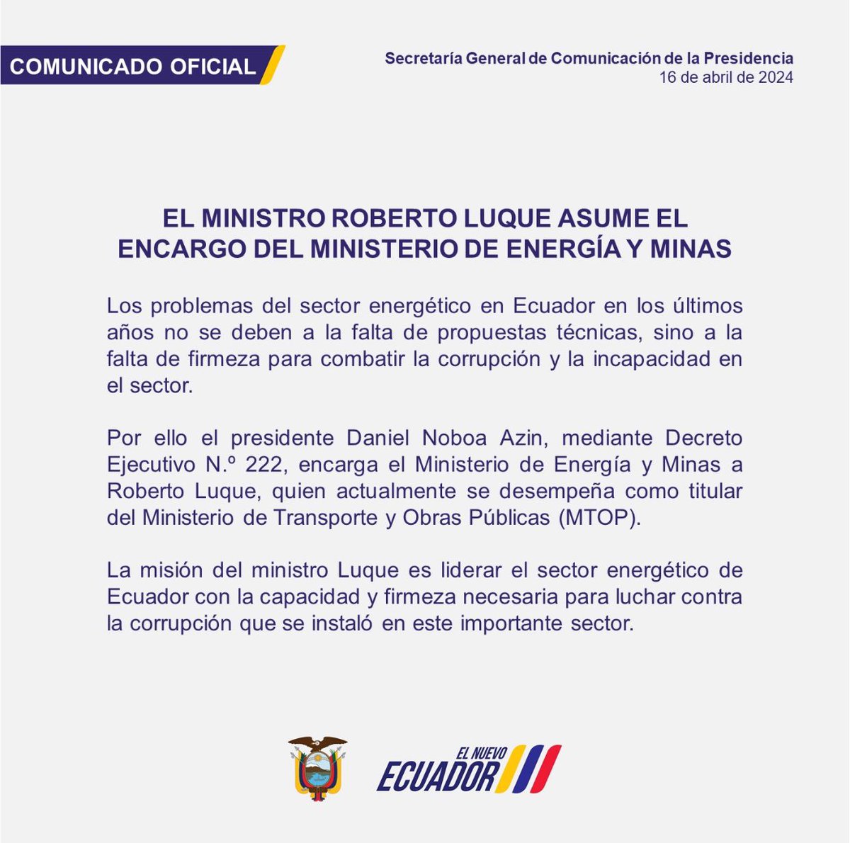 #Internacional El Ministerio de Energía y Minas de Ecuador (@RecNaturalesEC) informó este 17 de abril, a través de un comunicado, que se llevarán a cabo cortes de energía en el país por dos días, esto pese a que el presidente ecuatoriano, Daniel Noboa (@DanielNoboaOk) aseguró…