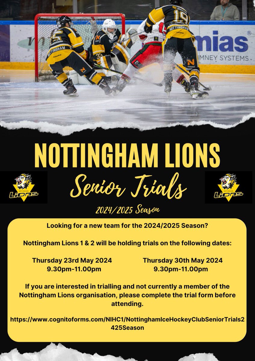 _TheLionsPride's tweet photo. If you would like to trial for Nottingham Ice Hockey Club for the upcoming season and are not currently a member of Nottingham Ice Hockey Club please can you complete the below form.
https://t.co/NNFP7Igyvt
If you have any questions please email info@nihc.co.uk. #ROARtalent https://t.co/BOMrCOmHqY