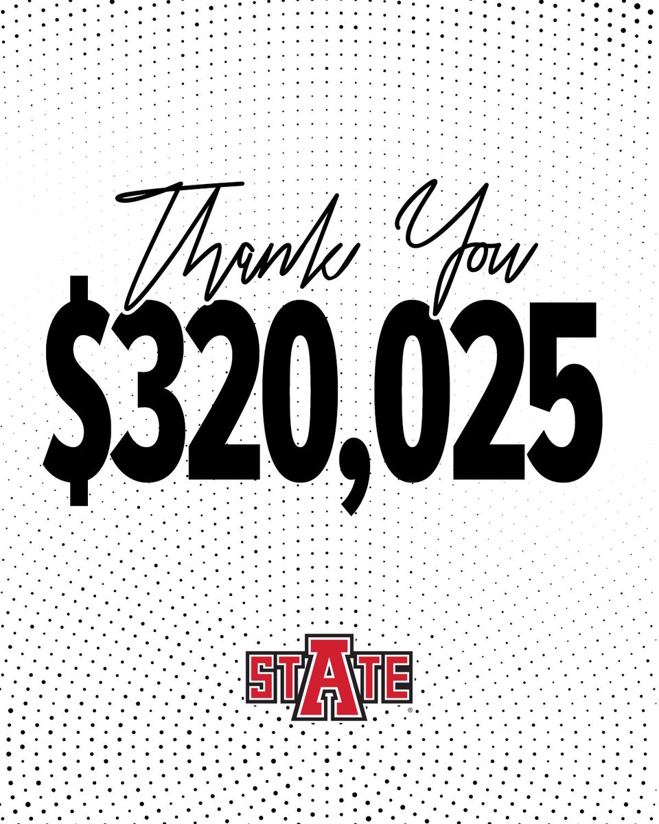 Because of 𝗬𝗢𝗨, Arkansas State Athletics and the 𝗥𝗪𝗙 were able to raise $320,025 on Day of Giving.

Thank you for helping us elevate the student-athlete experience at Arkansas State. #WolvesUp 🤘