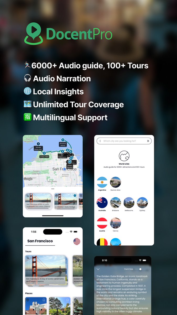 docentpro_sf's tweet image. We're a nimble team at DocentPro, rolling out weekly updates! 🌍 A user just explored Europe for a month, diving deep into local culture with our app. Planning a trip? Immerse yourself with our custom audio narrations and tell us what you want to explore next! #DocentPro
