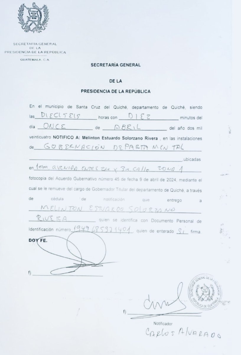 El Presidente de la República @BArevalodeLeon finalmente remueve del cargo al Gobernador de Quiché Mélinton Estuardo Solórzano. El Ejecutivo, hace días anunció la destitución. Horas más tarde dijo que no. Ahora se da la remoción.
