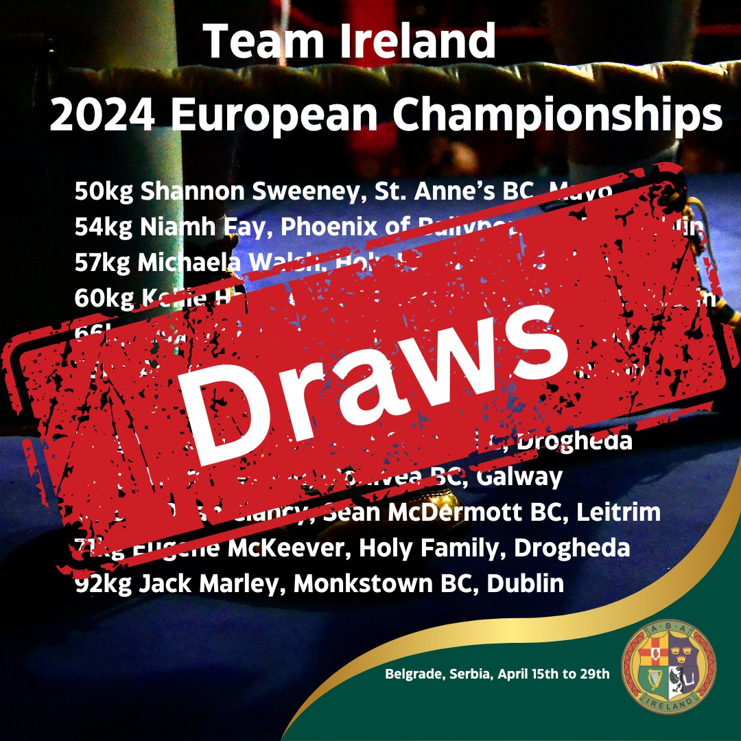 The draws have taken place for the 2024 European Championships 4 boxers have byes, 3 of them to QF stage. 57kg Adam Hession & Paris Olympian, 92kg Jack Marley, open Ireland's account tomorrow. Drawsheets, programmes and live-stream links here: iaba.ie/draws-2024-eur…