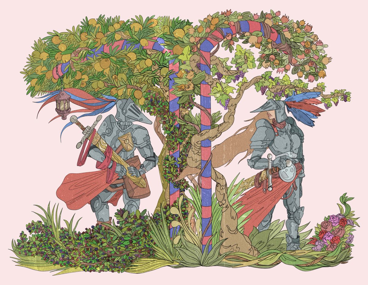 Two knights standing in a garden.