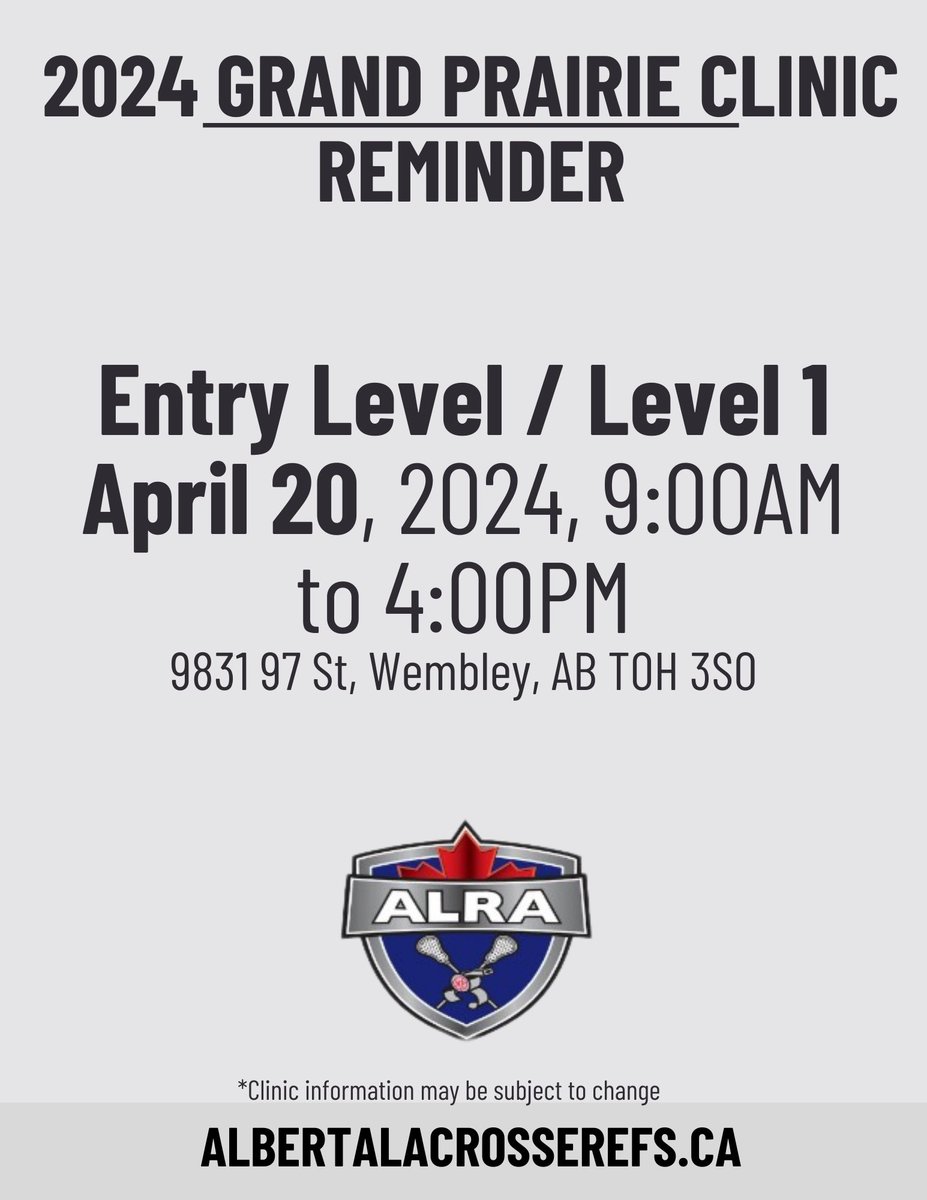 Grande Prairie! You have your first ALRA clinic this weekend! Make sure to register by 11:59 PM tonight to secure your spot for a great Saturday of lacrosse officiating!
