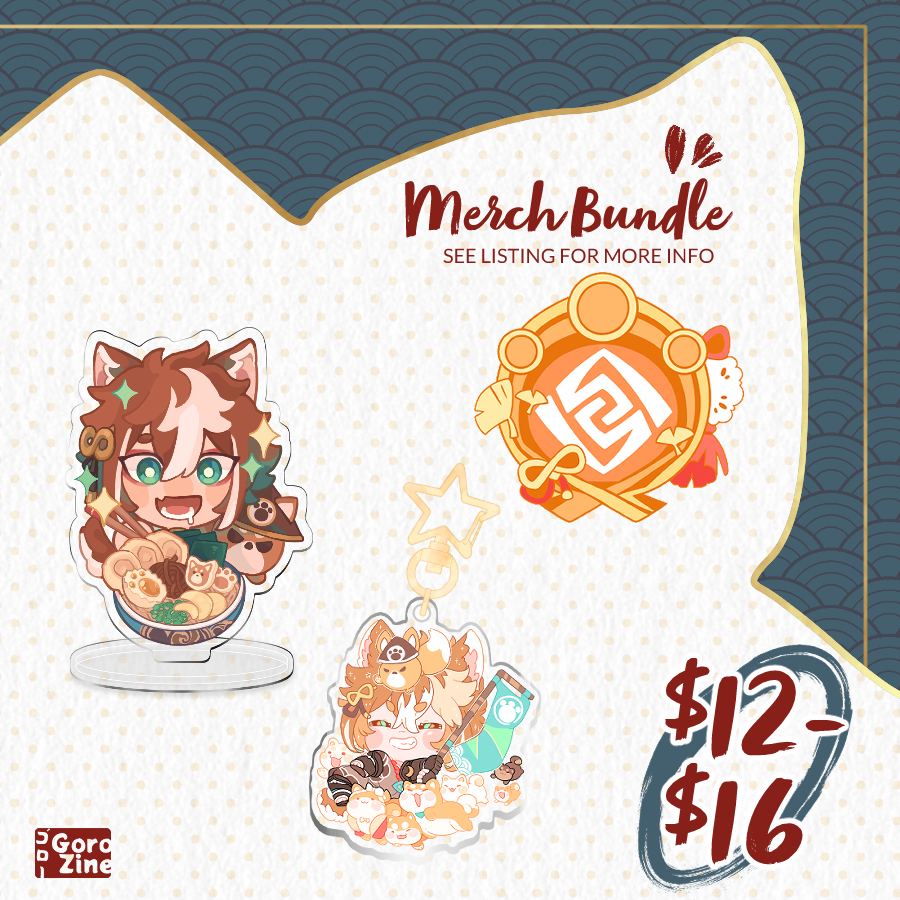 Charms and Merch are up for grab in these smaller bundles! Deck your bag out with these cute acrylic charms and our vision enamel pin, and display your own cute Gorou standee on your desk 🏹🧡