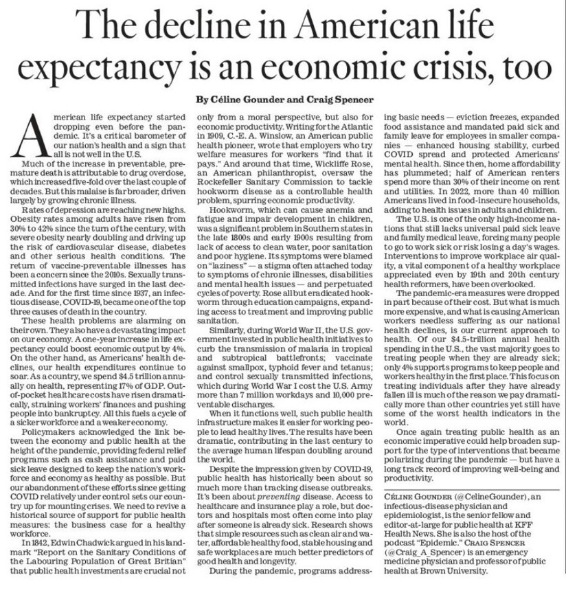 The decline in American life expectancy is an economic crisis, too by me & @Craig_A_Spencer in the @LATimes. latimes.com/opinion/story/… 'A 1-year increase in life expectancy could boost economic output by 4%.'