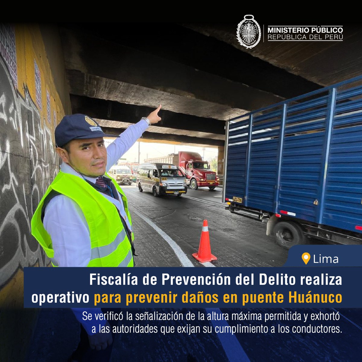 📢 Primera Fiscalía de Prevención de Delito de Lima realizó una diligencia en el puente Huánuco (Cercado de Lima), para evitar el deterioro de dicha infraestructura ocasionado por vehículos que superan la altura máxima establecida. 👉🏼 Más info: gob.pe/es/n/939560