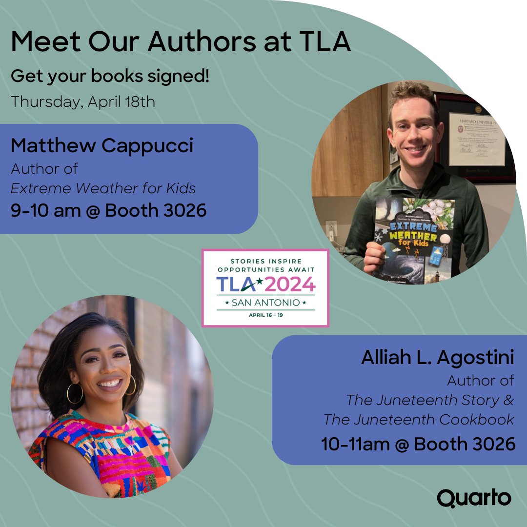 Author Signing alert for #TXLA24 @TXLA attendees! 🚨🤠 We'll be hosting @alliago and @MatthewCappucci for book signings on Thursday, April 18th (tomorrow morning!) Check out the details in the graphic below. 🤩 Don't forget to come check out Booth 3026 if you haven't already 😉