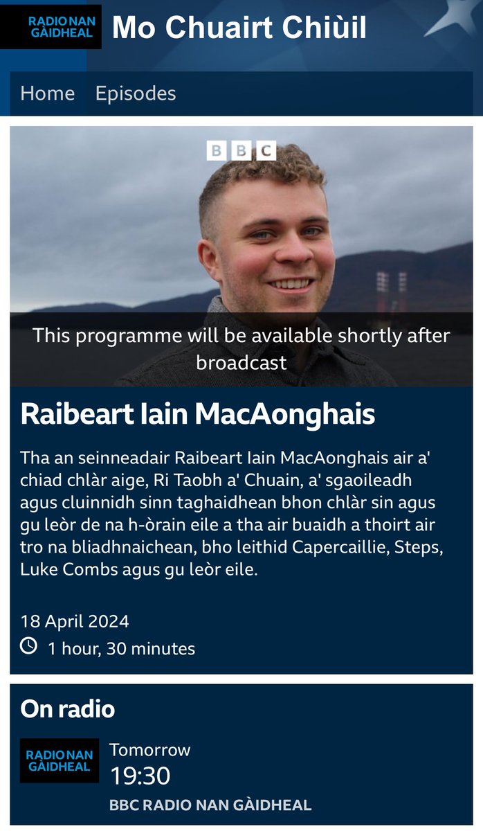 Thigibh còmhla rium air @BBCRnG feasgar a-màireach airson Mo Chuairt Chiùil 📻 I’ll be sharing the songs and music that have inspired me over my own music journey (it’s not all Trad..!) along with tracks from my EP ‘Ri Taobh a’ Chuain’. bbc.co.uk/programmes/m00…