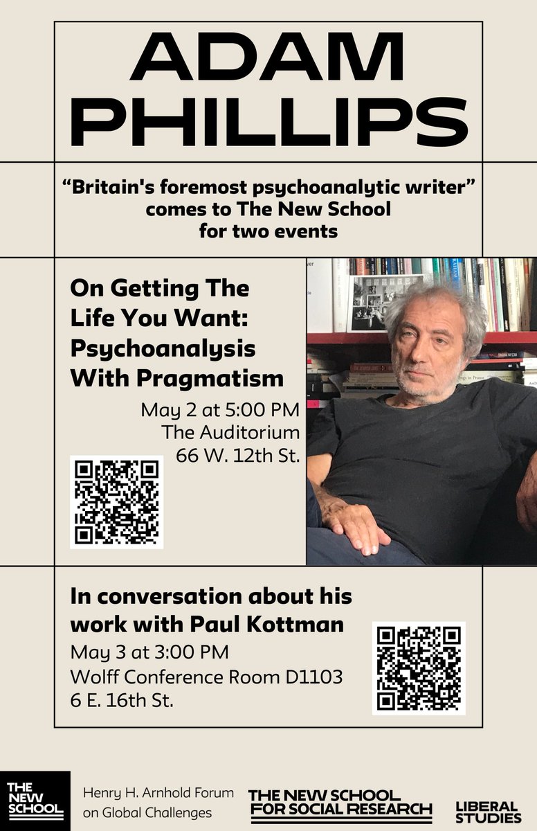 Coming to @TheNewSchool this May ▶️ World-renowned psychoanalyst ADAM PHILLIPS discusses psychoanalysis with pragmatism: event.newschool.edu/psychoanalysis… & looks back on his life's work with #NSSRfaculty Paul Kottman: event.newschool.edu/phillipskottma… Please join us!