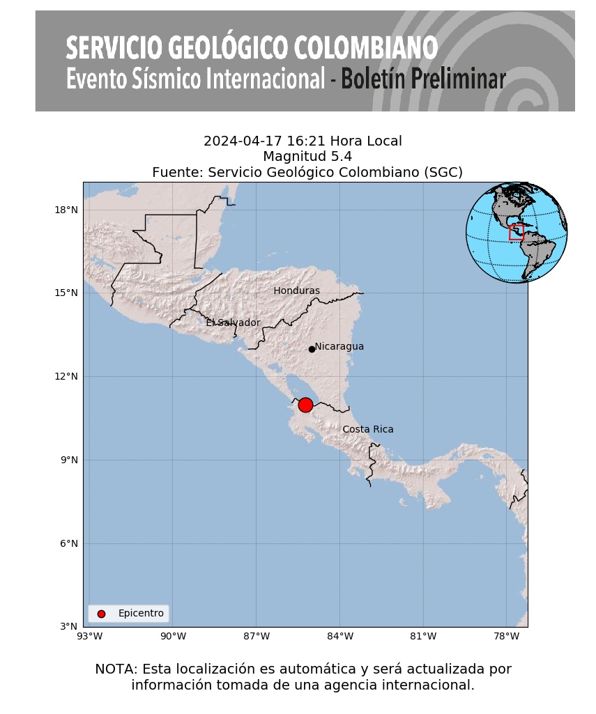 #SismosColombiaSGC Evento Sísmico Internacional - Boletín Preliminar, 2024-04-17, 16:21 hora local. Magnitud 5.4. #NoticiaEnDesarrollo #Temblor #Sismo Más información: sgc.gov.co/sismos