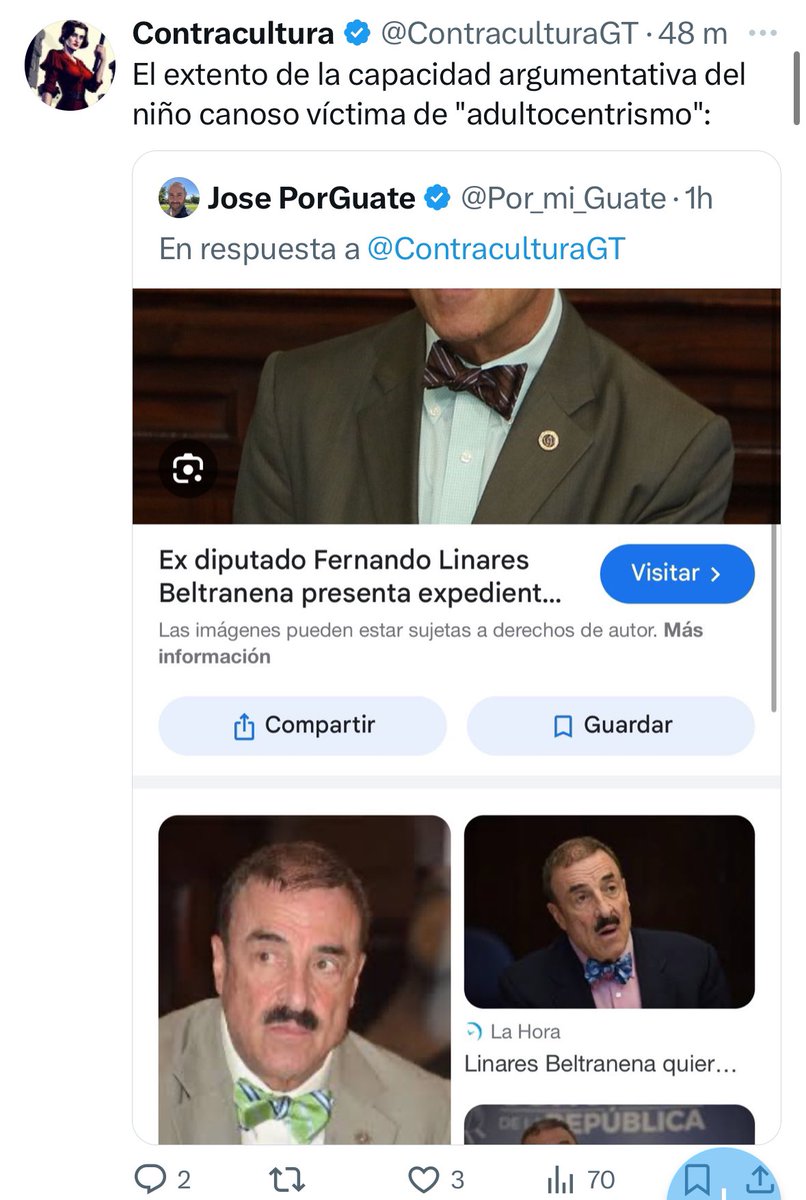 Jajajaja como que ya vimos que está íntimamente relacionado o afanado por Linares Beltranena el anónimo @ContraculturaGT Pone una publicación donde indica que “el corbatín es una señal de psicopatía” Le comparto una captura de varias fotos de Linares Beltranena en corbatín,…