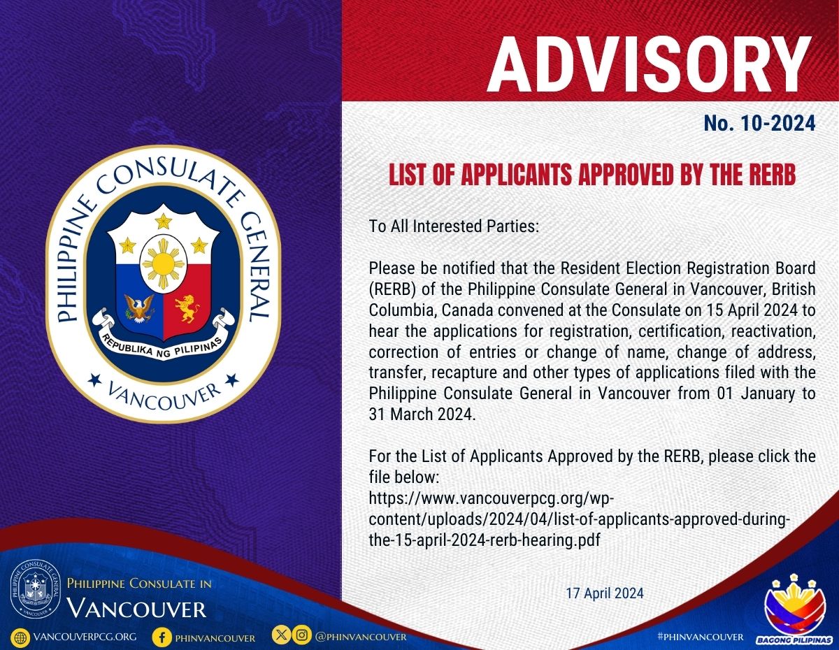 ADVISORY NO. 10-2024: LIST OF APPLICANTS APPROVED BY THE RERB