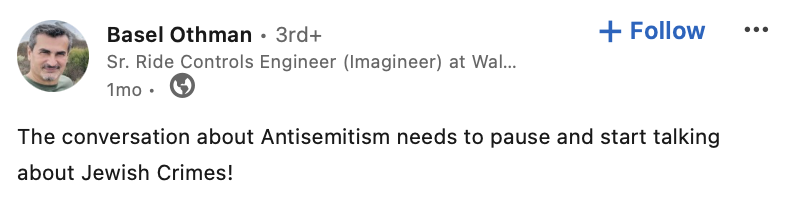 Basel Othman is a senior controls engineer for Walt Disney Imagineering. Basel Othman also: - refers to Zionists (aka 95%+ of Jews globally) as parasites - claims Americans are enslaved & controlled by Zionists - wants the focus to shift from antisemitism to 'Jewish crimes' We…