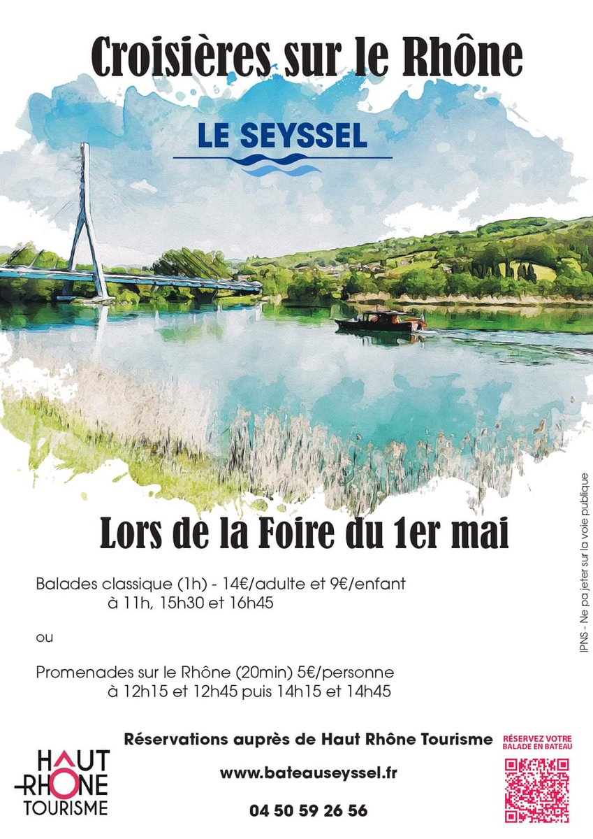 ⚓️ Programme des balades sur le Rhône saison 2024 A partir du 1er mai, vous pourrez profiter des croisières avec le bateau 𝐋𝐞 𝐒𝐞𝐲𝐬𝐬𝐞𝐥 ! Le programme est disponible dès à présent : urlz.fr/qio5 Haut-Rhône Tourisme : 04 50 59 26 56 bateauseyssel.hautrhone-tourisme.fr/reserver-sa-ba…