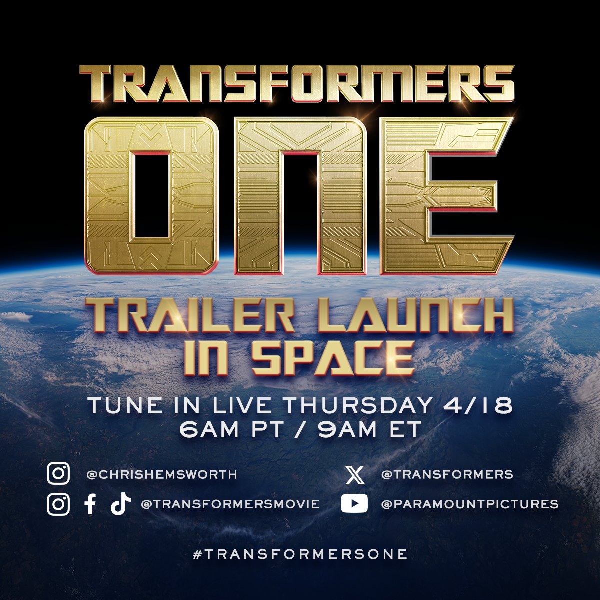 We’re going out of this world and debuting the trailer for #TransformersOne in SPACE. 🚀 Join us tomorrow (4/18) at 6am PT / 9am ET as we lift off and count down live to the trailer premiere. RSVP here: youtube.com/live/G3wUX3zdK…