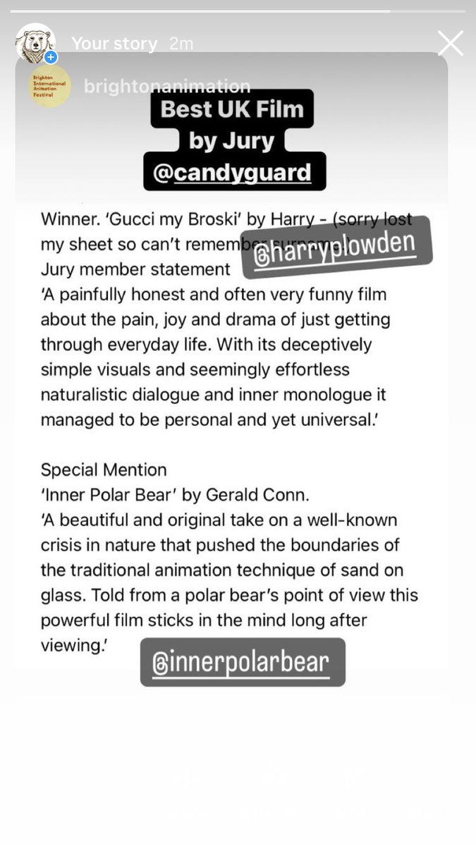 Delighted that Inner Polar Bear received a Special Mention for Best UK Film at Brighton Animation Festival <a href="/BFI/">BFI</a> and screening next Friday 25th April in <a href="/CardiffAnimFest/">Cardiff Animation Festival</a>