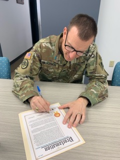 Col. Rhett A. Blackmon, U.S. Army Corps of Engineers, Galveston District commander, signs a proclamation declaring April 2024 as Sexual Assault Awareness and Prevention Month. This year the Army’s theme for its campaign is “Change Through Unity: Empower. Protect. Prevent.”