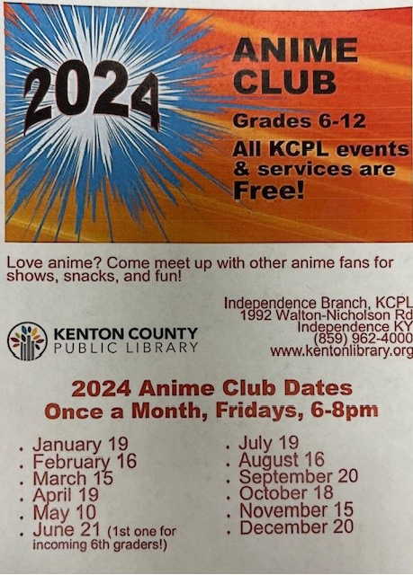 Come join us at Anime Club at the Kenton County Public Library!