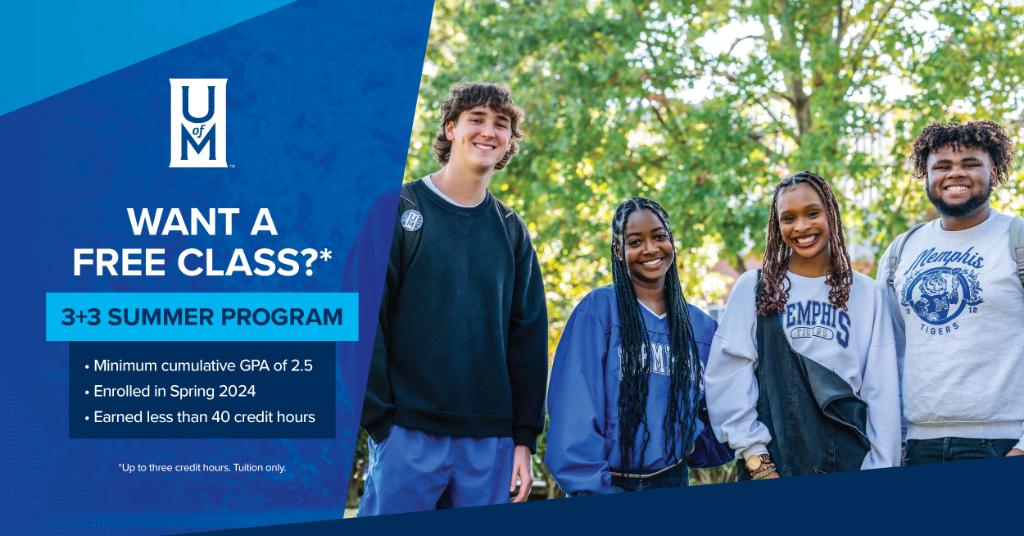 Hey students 👋 Summer is the perfect time to catch up on credits so you can stay on track to graduate in four years or less. Check out our 3+3 Program to see if you are eligible for free class! Visit memphis.edu/summer for more information. #GoTigersGo