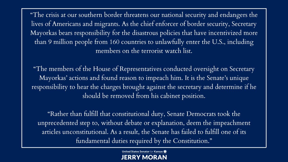 My full response on the Senate’s failure to hold an impeachment trial of U.S. Secretary of Homeland Security Alejandro Mayorkas: