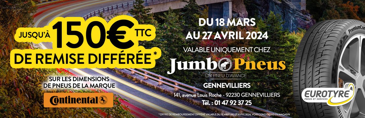 JumboPneus's tweet photo. Plus que (ou encore ;-)) 10 jours pour profiter de l'offre de remboursement allant jusqu'à 150€ sur les pneus CONTINENTAL. 
Et c'est toujours chez Jumbo Pneus, jusqu'au 27 avril 2024. https://t.co/AN6EJF3CR1