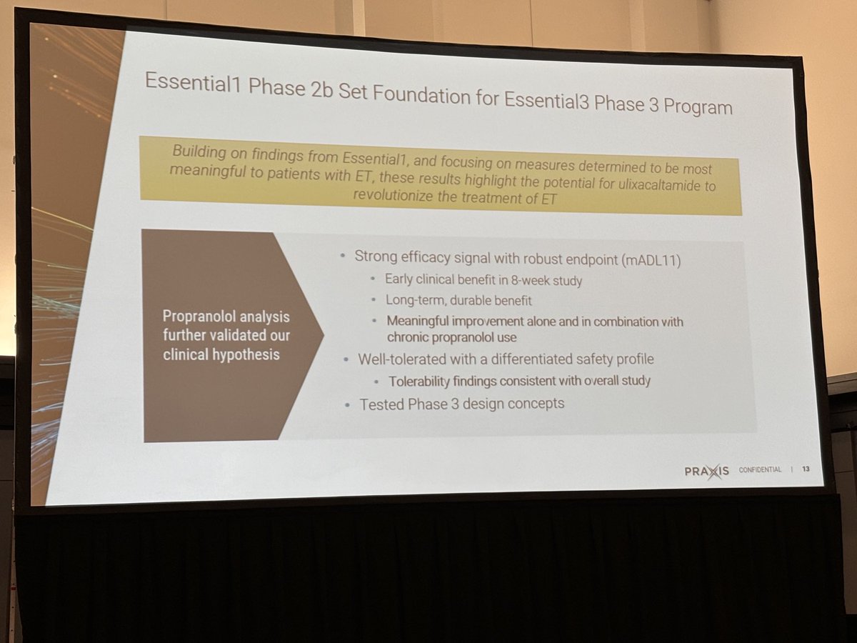 Ulixacaltamide —benefits in essential tremor are enhanced with propranolol. A reminder that inclusive trials (minimizing exclusionary drugs) inform about unknown synergies. Dr. Rich Able presenting this interesting sub analysis on behalf of Praxis. #AANAM