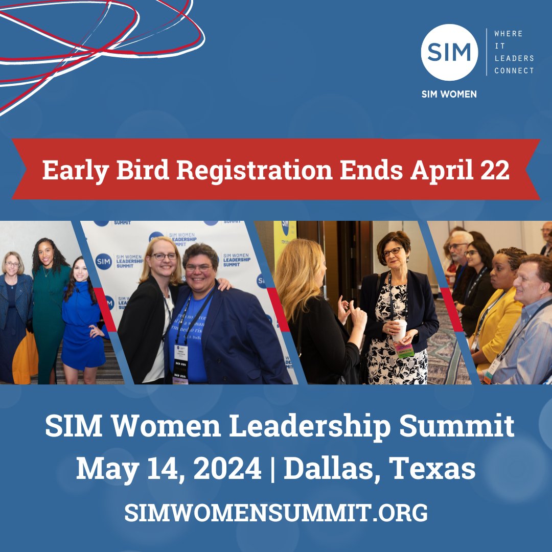 Deadline for Early Bird Registration at SIM Women Leadership Summit is approaching fast—NEXT MONDAY, APRIL 22! It is also the deadline to reserve a hotel room at the exclusive event rate. Join us in Dallas on May 14th➡️simwomensummit.org #SIMWomen #WomenInTech #Leadership