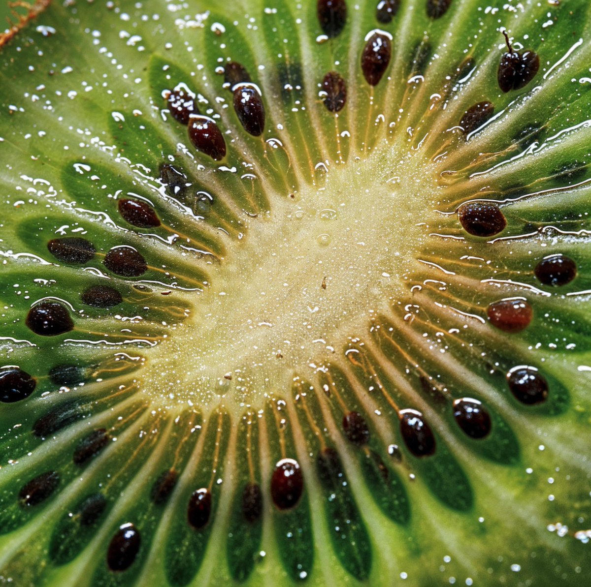 Close-up ingredient shot w/Midjourney🥝 PROMPT: A green kiwi fruit cross-section with a central white core that acts as the focal point, is dotted with rows of tiny, glossy black seeds. Minute droplets of moisture and fine, hair-like fibers on the surface give a realistic effect