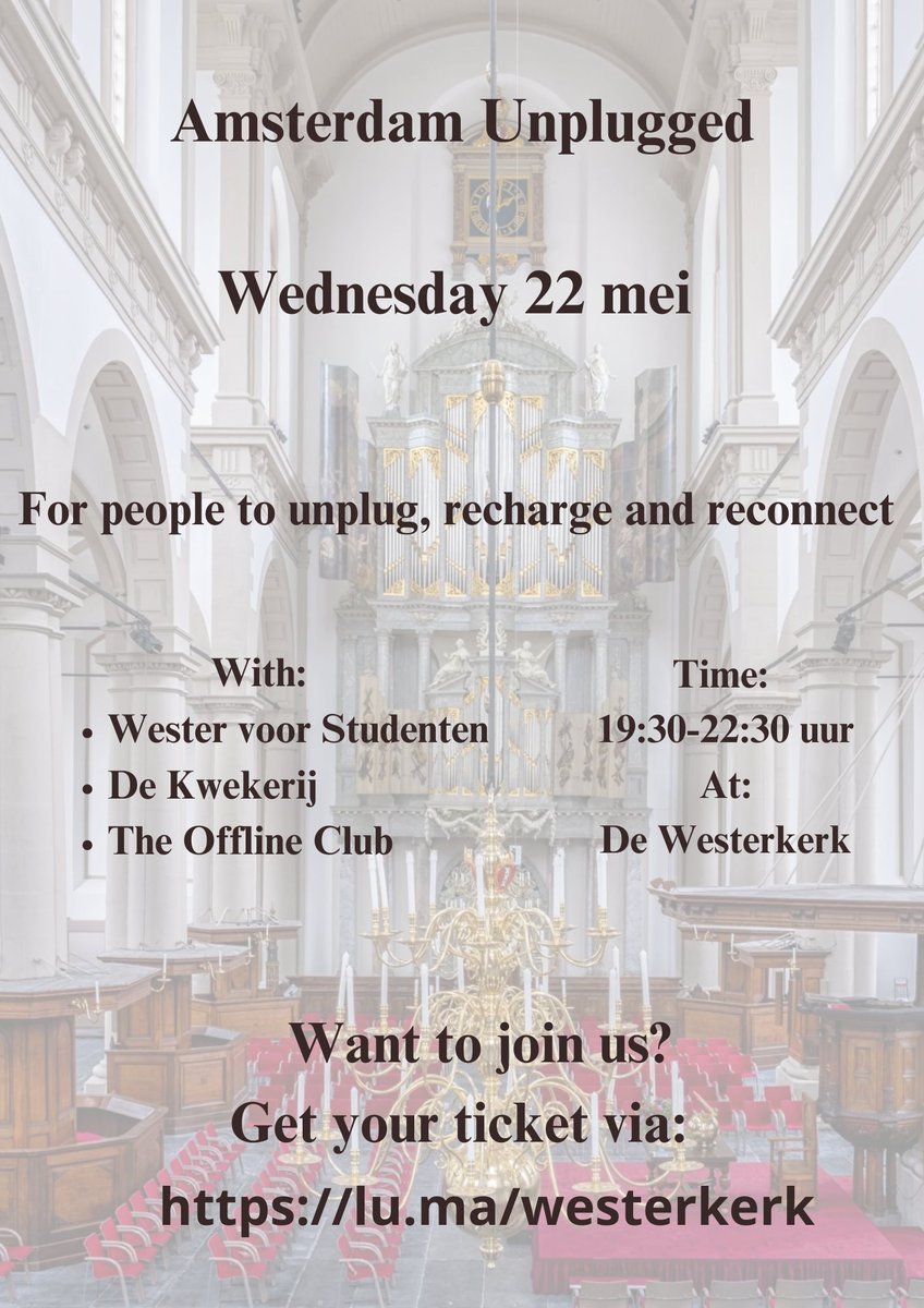 Westerkerk1's tweet photo. Westerkerk will host an XL digital detox hangout to unplug, recharge &amp; reconnect.

Exchange your phone unplugged experiences:
Reading, journaling, drawing,  painting, soothing sounds and live piano. 

Ready to swap screen time for real time?
Book via: https://t.co/4URNrhEh5N https://t.co/mwfI4Qd98e