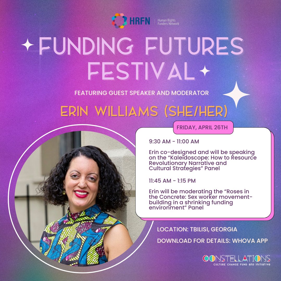 .@erinlwilliams18  will be on the ground NEXT FRIDAY 4/26 to strategize and imagine new possibilities for human rights philanthropy at the @hrfunders Global Conference: Funding Futures Festival!

📢Download the WHOVA App for details

#ConstellationsFund
#HumanRightsFundersNetwork