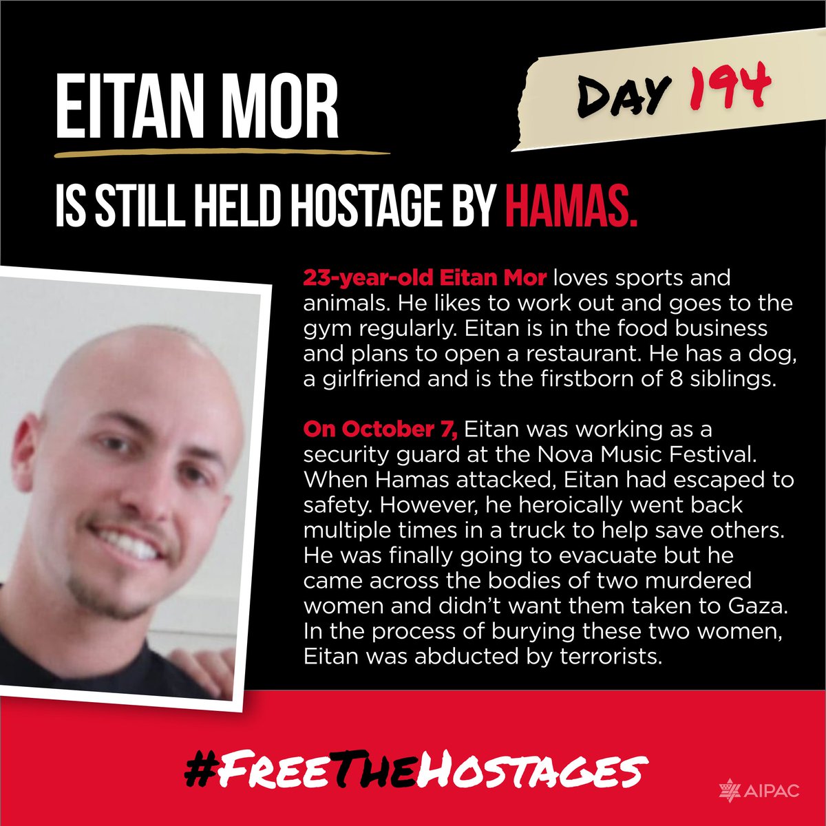194 days. Eitan Mor is still held hostage by Hamas. Share his story. #FreeTheHostages @bringhomenow